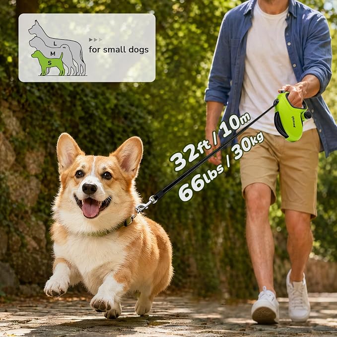 Pecute 32ft Retractable Dog Leash with Reflective Strips, 360° Tangle-Free, One-Button Control & Sturdiness Nylon Material, Long Leash Retractable with Poop Bag Holder for Small Medium Dog