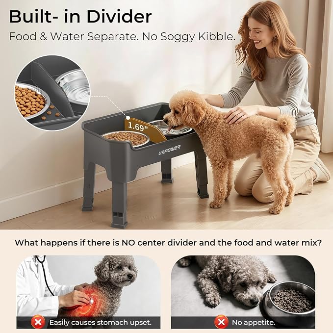 URPOWER Mess Proof Elevated Dog Bowls for Small Dogs with Splash Guard | 4 Height Adjustable Raised Stand with 2 Stainless Steel Food Bowls & Licking Plate for Small, Medium & Large Dogs