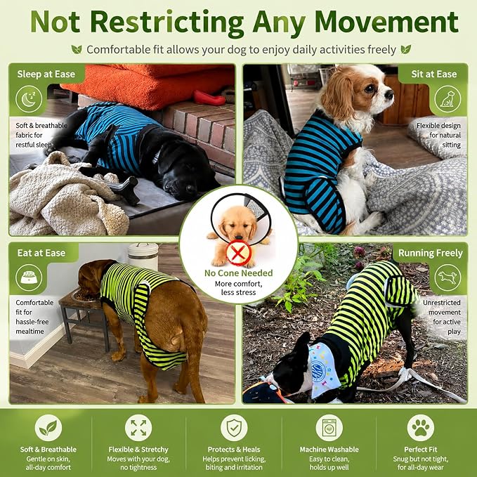 2 Packs Breathable Cotton Dog Recovery Suit for After Neuter Spay Abdominal Wounds Protector, Professional Anti-Licking Onesies for Male Female Pets Surgery Bandages, 2XL Blue & Green Stripes