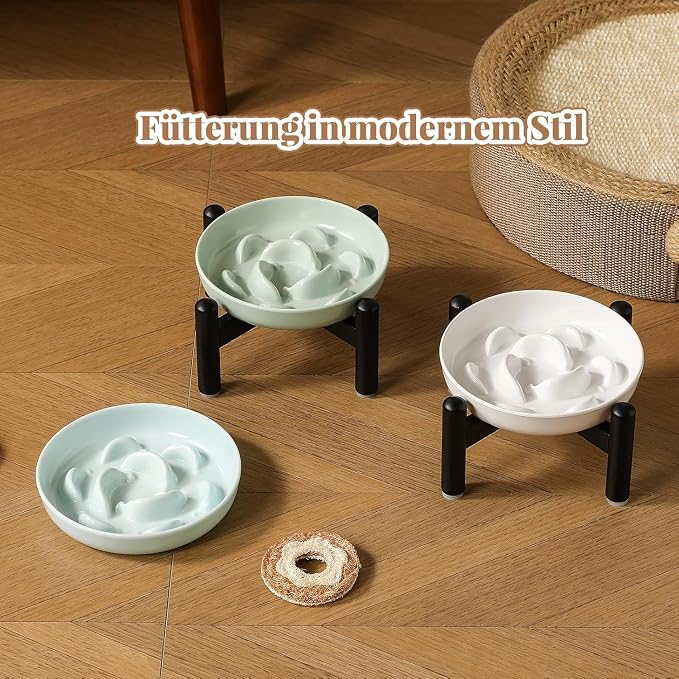 Elevated Slow Feeder Cat Bowl - Melamine Cat Food Plate with Anti-Slip Metal Stand - Raised Maze Dish for Slow Eating - Ivory White