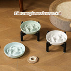 Elevated Slow Feeder Cat Bowl - Melamine Cat Food Plate with Anti-Slip Metal Stand - Raised Maze Dish for Slow Eating - Ivory White