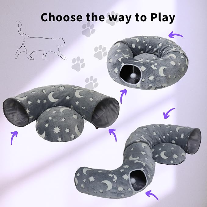 Cat Tunnel Bed for Indoor Cats with Washable Cushion Cat Cave Donut Tunnel with Fluffy Ball Big Round Tube Pet Playground Toys Soft Plush Peekaboo for Kitten, Cat, Puppy, Rabbit, Ferret（Moon Star）
