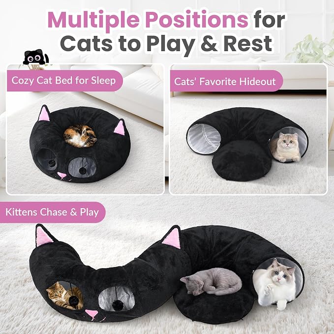 Baseola Fuzzy Cat Tunnel Bed for Indoor Cats, 2-in-1 Interactive Cat Toys | Peekaboo Cat Cave with Washable Mat, Collapsible Cat Play Tunnel for Kittens & Small Pets, Cat Donut Bed Tunnel, Black Pink