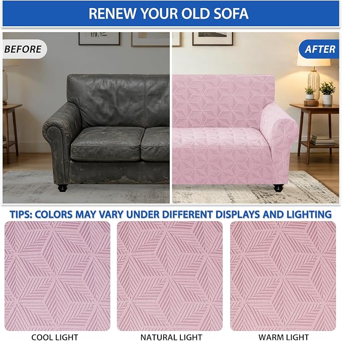ZNSAYOTX Stretch Couch Cover, 1 Piece Sofa Covers for 3 Cushion Couch, Jacquard Sofa Slipcovers with Elastic Bottom Thickened Furniture Protector for Dog Cat Pet (Large, Dusty Pink)
