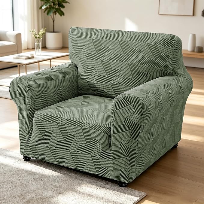 ZNSAYOTX Stretch Armchair Covers for, 1-Piece Chair Slipcovers for Living Room, Furniture Protector with Elastic Bottom for Dogs Cats Kids Geometrical Jacquard Fabric (Small, Army Green)