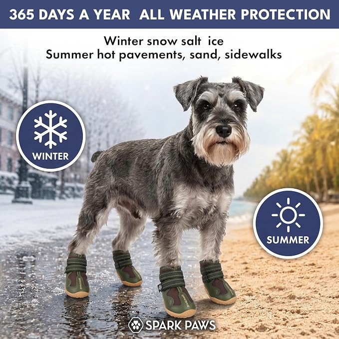 Spark Paws 365 Dog Shoes - All-Season Boots for Winter Snow & Hot Pavement | Water-resistant, anti-slip, stay-on straps - rain, ice & summer booties in one. Reflective; small, medium & large dogs