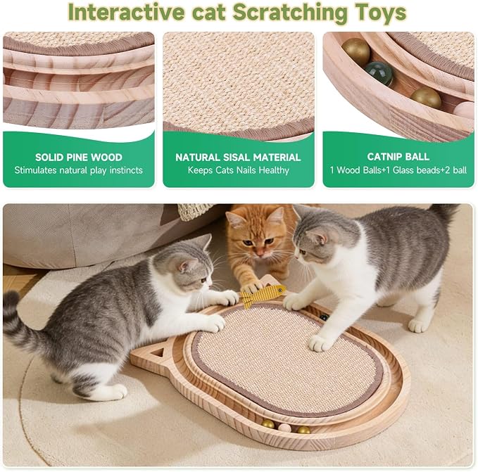 Cat Scratcher Sisal Scratching Pad Toy with Ball Track Wooden Interactive for Indoor Physical Exercise Kitty Medium Kitten Spring Chasing Hunting Mental Bored Adult Enrichment Toys Post
