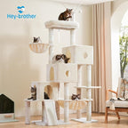 Hey-brother Cat Tree Tower with 3 Condos, Step Climbing Pathway MPJ081M | 74.8 Inches Scratching Post with 3 House, Hammock, Large Basket, Cozy Bed, Sisal Board, Toys for Big Indoor Cats, Beige