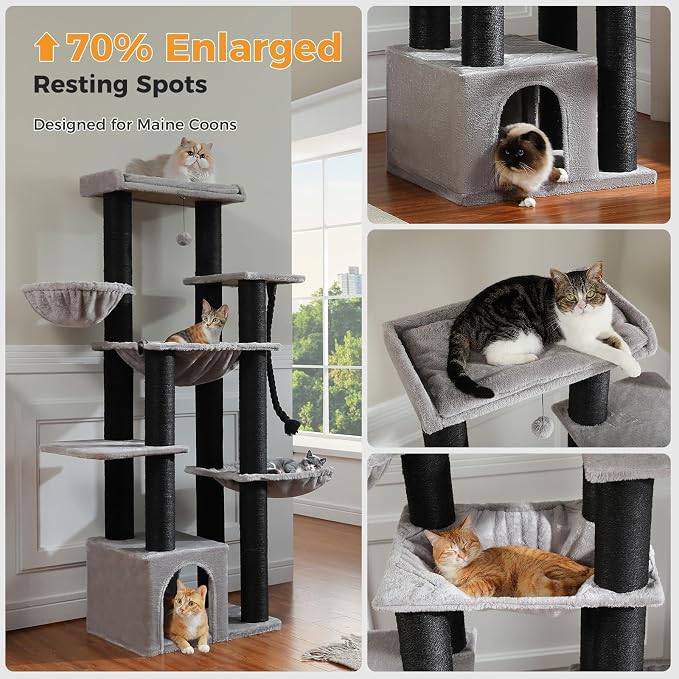 MUTTROS Large Cat Tree-67 Maine Coon Cat Tower for Indoor Cats Large Adult with 7 Thick Black Scratching Posts (φ4.3), Multi-Level Condo, Big Perch & Hammocks -Black
