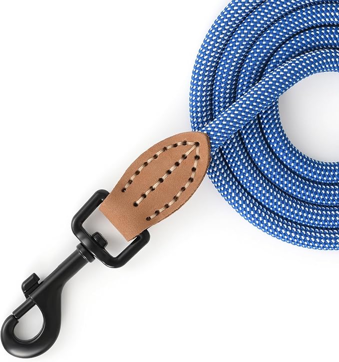 Mile High Life Thin Small Dog Leash with Genuine Leather Connection | Rope Leash, Heavy Duty 360° Swivel Metal Clasp, for Small Medium & Large Dogs (Blue White, 60 Inch)