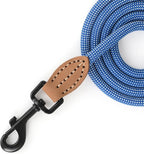Mile High Life Thin Small Dog Leash with Genuine Leather Connection | Rope Leash, Heavy Duty 360° Swivel Metal Clasp, for Small Medium & Large Dogs (Blue White, 72 Inch)