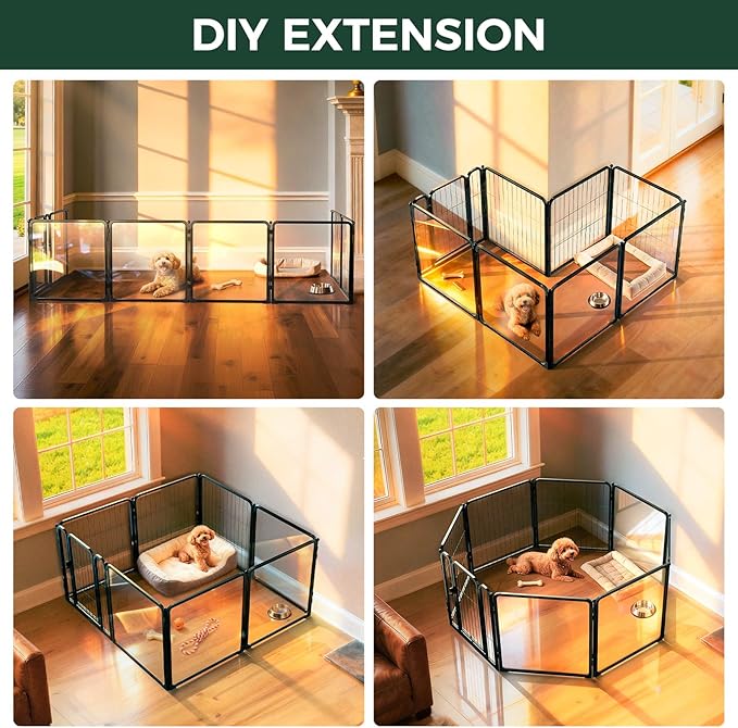 FXW AuraSpace Pro Acrylic & Wire Mesh Indoor Dog Playpen, 24" H, 8 Panels | Clear View, Heavy-duty Metal, Flexible Layouts, Easy Walk-Through, For Puppies & Small Dogs, Patented