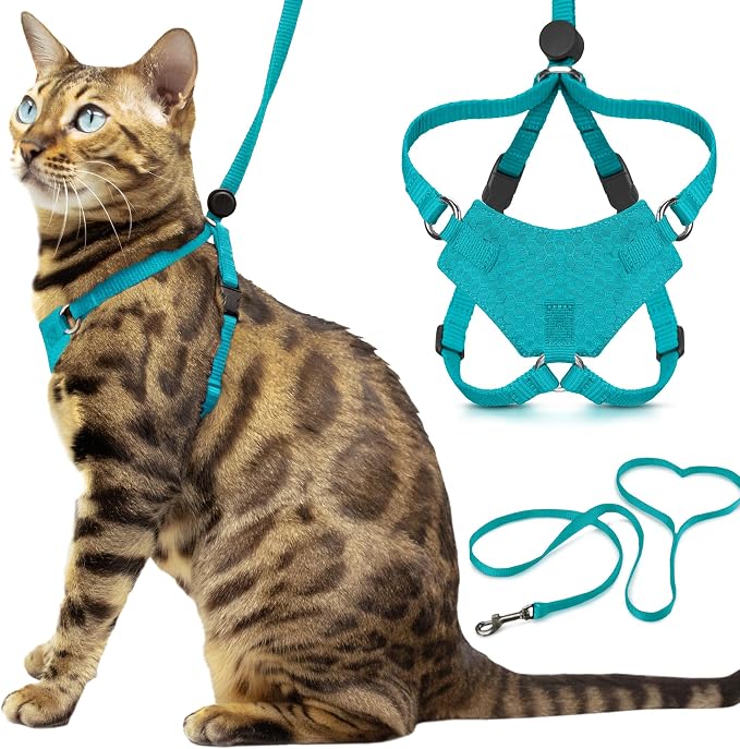 Houdini™ Escape Proof Cat Harness and Leash (Turquoise, XL) | Adjustable walking vest with 6ft lead, breathable mesh, secure snug fit, lightweight for travel, hikes and daily adventures