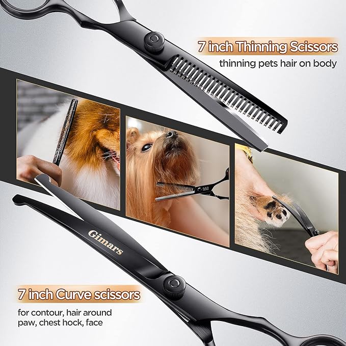 Gimars 7inch Professional 4CR Stainless Steel 6 in 1 Grooming Scissors for Dogs with Safety Round Tip, Heavy Duty Titanium Coated Pet Grooming Scissor for Dogs, Cats and Other Animals
