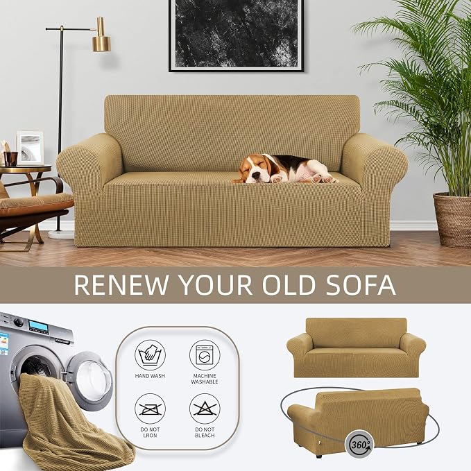 Stretch Loveseat Couch Cover, 2 Cushion Couch Slipcover,Tan | 1-Piece Washable Sofa Cover Pet Friendly (55"-78") Furniture Protector Soft Jacquard, Elastic Bottom for Dogs & Kids