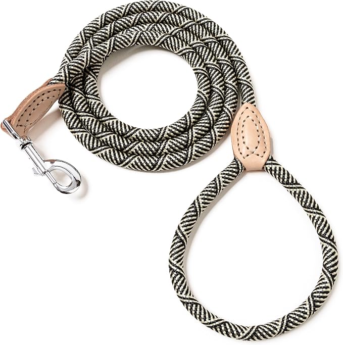 Mile High Life Dog Leash with Genuine Leather Connection, 4/5/6 FT | Rope Leash, Heavy Duty 360° Swivel Metal Clasp, for Small Medium & Large Dogs Walking (White, 48 Inch-1/2)