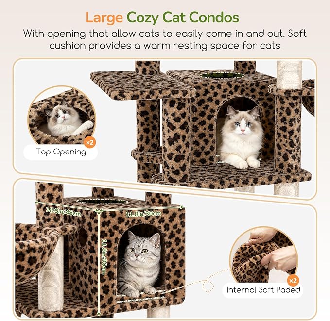Globlazer Extra Large Cat Tree, 78 inch Sturdy Tall Cat Tree Tower for Indoor Multiple Large Adult Cats Kittens with 6 Scratching Posts, Enlarged Top Perch, 2 Padded Condos, S78G, Leopard Print