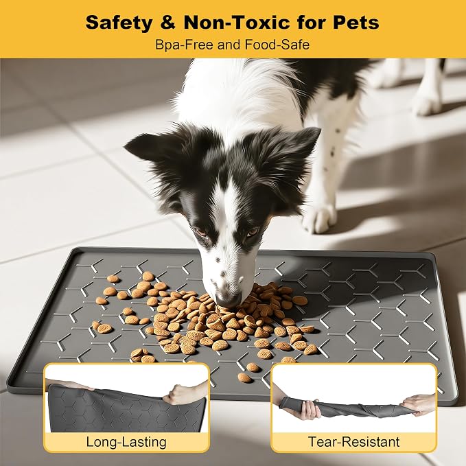 Pieviev Silicone Dog Cat Food Bowl Mat, Waterproof Raised Edge, 24'' x 16'' | Food-Grade Bpa-Free Pet Food Mat, Waterproof & Non-Slip, Raised Edges Contains Spills & Drips, Fits Pet Bowls and Fountains