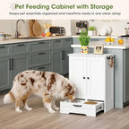 Dog Feeding Station with Storage Cabinet, White Wood Dog Cabinet with 2 Elevated Stainless Steel Bowls, Hidden Pull-Out Feeder Drawer, Pet Feeding Station for Kitchen and Living Room