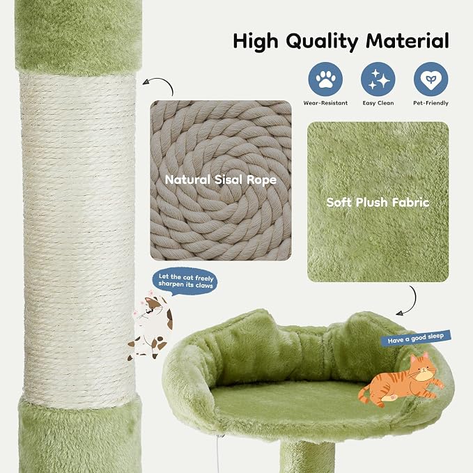 DUMOS 54-inch Indoor Cat Tree Tower with Scratching Posts, Green | Multi-Level Pet House for Large Cats with 2 Condos, Round Platform, Small Ladder, and Toys