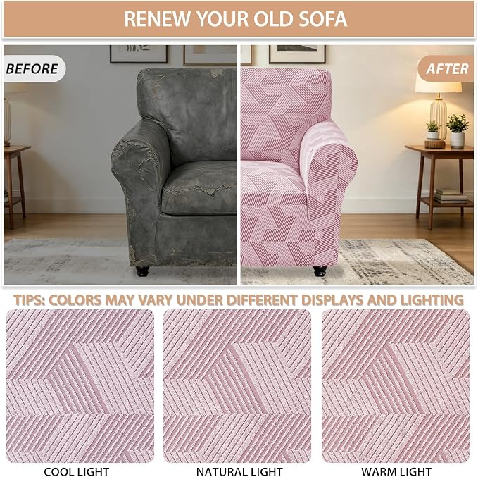 ZNSAYOTX Stretch Armchair Covers for, 1-Piece Chair Slipcovers for Living Room, Furniture Protector with Elastic Bottom for Dogs Cats Kids Geometrical Jacquard Fabric (Small, Dusty Pink)