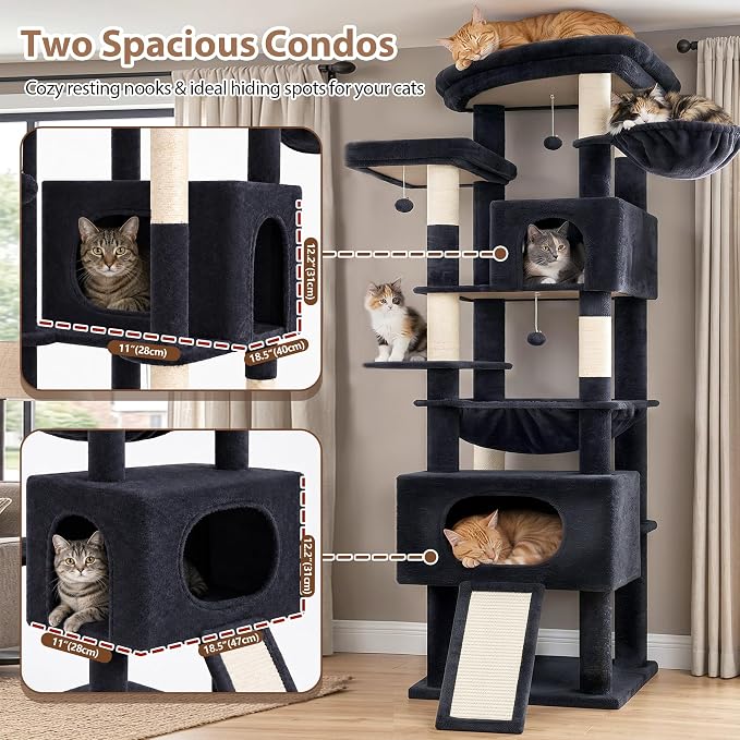 Gitelsnour Cat Tree, 78.7'' Cat Tower, 2 Big Condos for Multi Cats GCT061G | Tall Cat House Furniture for Large Cats with Hammock, Big Platform for Indoor Cats, Scratching Posts & Board , Dark Gray