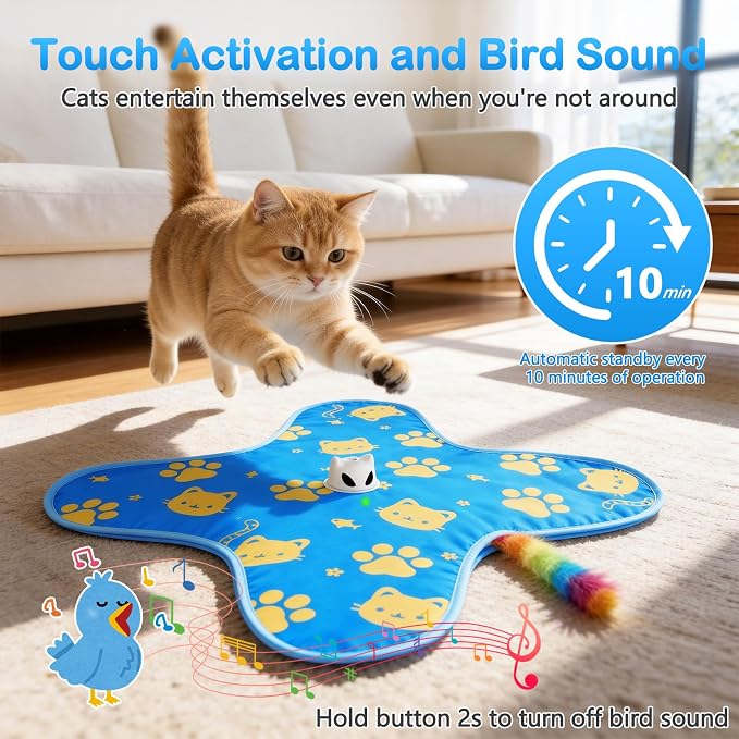 Interactive Cat Toys for Indoor Cats, Rechargeable Hide & Seek Toy | Touch Activated, 3 Speed Modes, Realistic Bird Chirps, 10-Min Auto Shutoff, Hidden Feather Wand for Bored Adult Cats, Blue