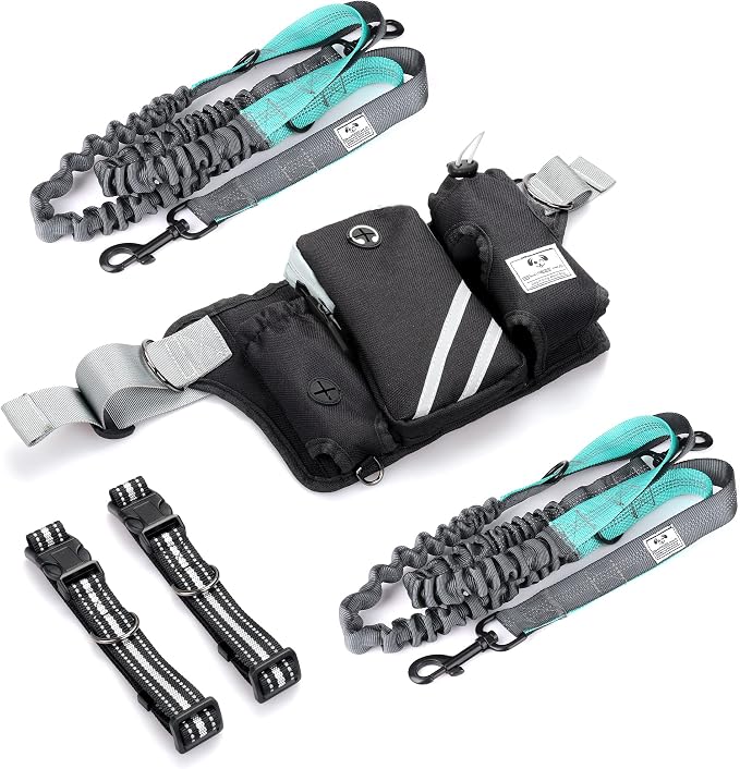 SHINE HAI Retractable Hands Free Dog Leash with Dual Bungees for 2 Dogs, Adjustable Waist Belt Fanny Pack, Reflective Stitching Leash for Running Walking Hiking Jogging Biking Black