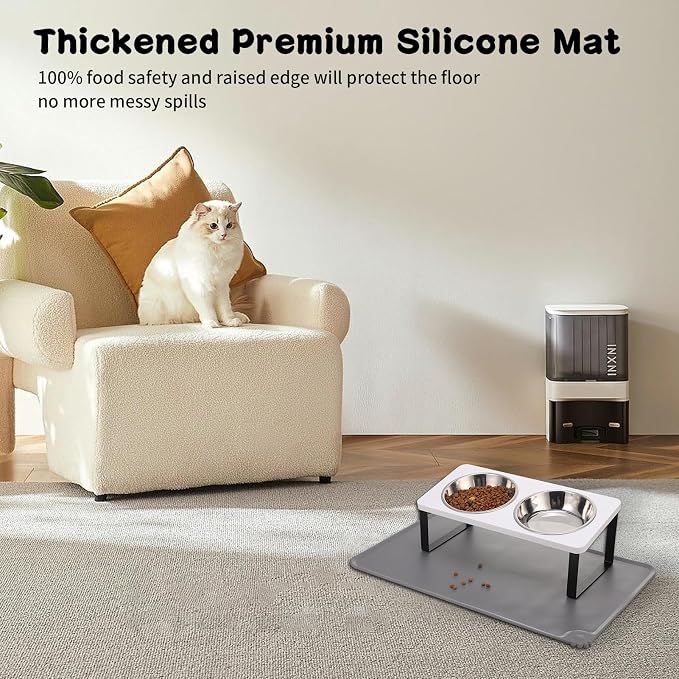 Summark Upgraded Elevated Cat Bowls with Food Mat,15°Tilted Stand Anti Vomiting Raised Cat Dishes for Food and Water,2 Stainless Steel Bowls for Cats and Puppy（White）