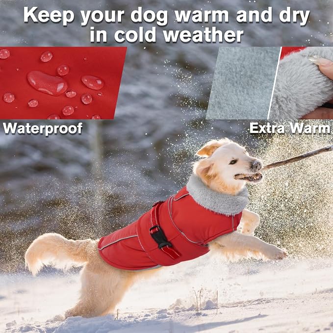 Lelepet Dog Coat Waterproof Dog Jacket Fleece Vest with Adjustable Buckle | Reflective Winter Coats with Adjustable Hook & Loop Closure Cold Weather Coats for Small Medium Large Dogs,Leash Hole Red, M