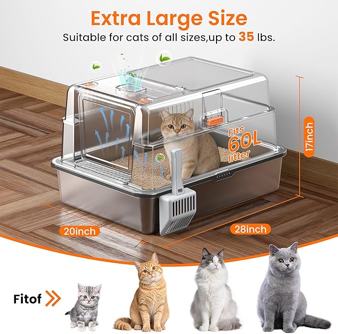 XXXXL Stainless Steel Litter Box with Lid,28.0" L × 20" W × 17" H Extra Large High Sided Cat Litter Box for Multi -Cats,Enclosed Metal Litter Box with Cat Scratcher and Scoop,Grey