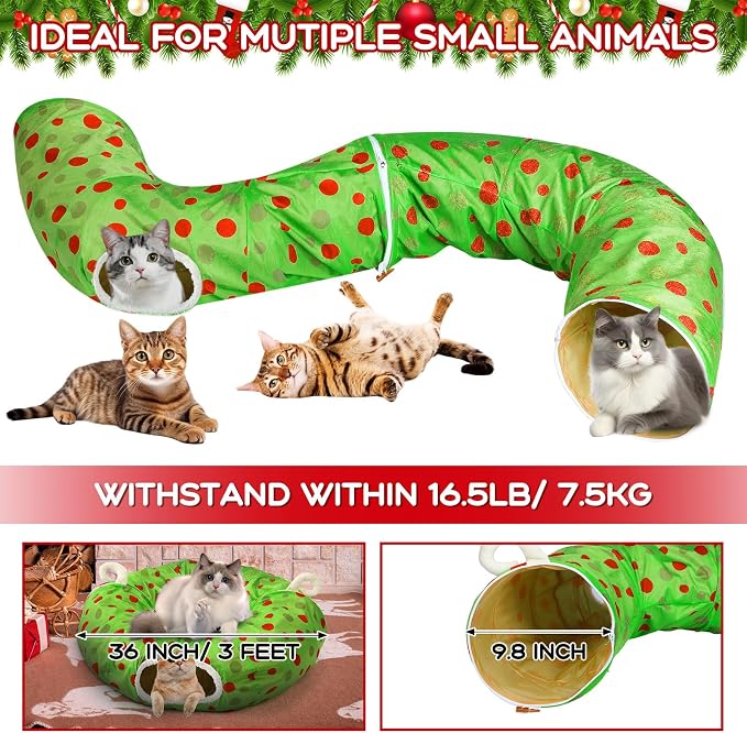 Hollowfly Christmas Cat Bed Tunnel 3ft x 3ft x 9.8in Lime Green Under Tree Cat Donut Tunnels for Indoor Kitten Plush Polka Dot Peekaboo Cave Toy Collapsible 3 Way Xmas Gifts for Small Kitty