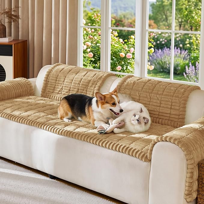 FUANGUI Waterproof Armrest Couch Cover for Dogs,27.6" x 27.9", Beige | Non-Slip Backrest Cover Recliner Chair Protector, Fuzz Soft Armchair Armrest Cover Washable Couch Covers Sofa Pet Friendly