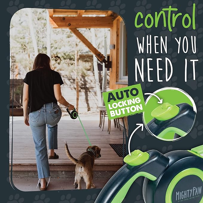 Mighty Paw Retractable Dog Leash, Heavy Duty for Small, Medium & Large Dogs | Anti-Slip Handle, Reflective Nylon Tape, Tangle-Free Swivel Clip, Auto-Locking Button, U-Shaped Guide