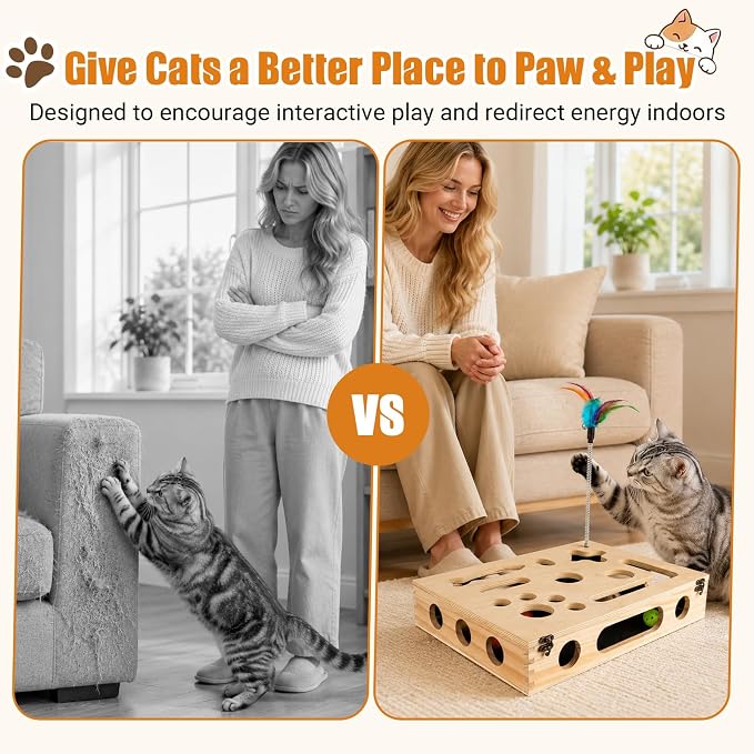 Cat Scratch Puzzle Enrichment Box, Wooden Interactive Toy for Indoor Cat | Cat Nail File Scratcher Box Include 2 Feather Wands & 3 Bell Balls, Claw Saver Box with Sandpaper Nail Trim for Cats & Kitten