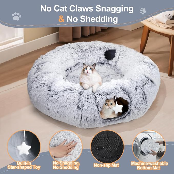 Cat Tunnel Bed for Indoor Cats, XL Christmas Tree Skirts Washable Warm Soft Indoor Cat Donut Tunnel, Multifunctional Cat Interactive Playground Toys for Felines Pet Christmas Tree Decoration