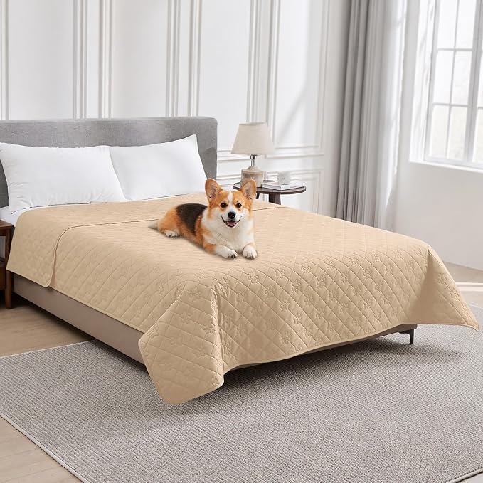 PAWFINITY Waterproof Bed Cover for Dogs, Pet Blanket for Mattress Washable | Paw Print Quilted, Hair Resistant, Anti Cat Scratch, Pee Proof Furniture Protector for Bed, Couch and Sofa, 52x82 Inch, Beige