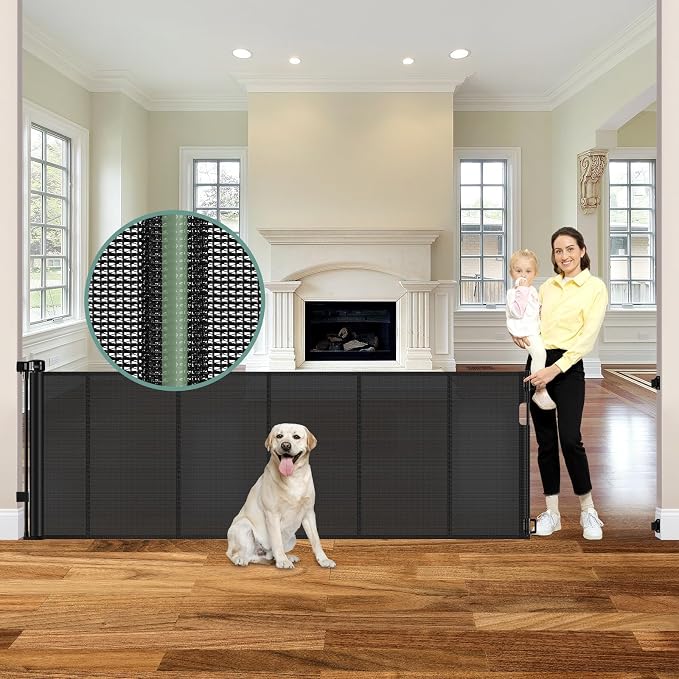 Reinforced 120 Inch Retractable Baby Gates Extra Wide Baby Gate to Prevent Crawling Through, Indoor/Outdoor Retractable Dog Gate, 10ft Scratch-resistant Mesh Child Gates for Doorways Extra Wide, Black