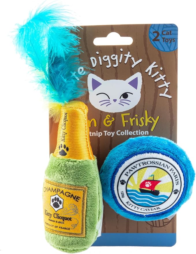 Haute Diggity Kitty Clicquot Bottle + Caviar Set, Soft Plush Cat Toys | 2 Pack Catnip Toys with Interactive Crackle & Feathers, Safe & Durable Cat Nip Kicker Toy for Outdoor & Indoor Cats & Kitten