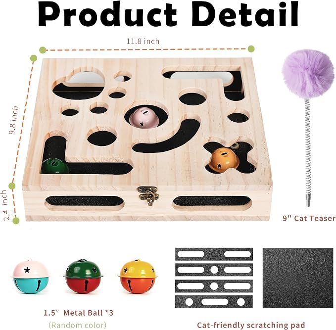 Cat Nail File Enrichment Box, Wood Puzzle Scratcher Toy with Sandpaper | Large Cat Nail File Scratcher Box with Flip-Lid Lock, Wand and 3 Balls, Easy Claw Care Without Clippers or Grinders