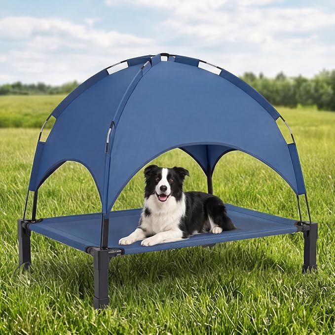 Elevated Dog Bed with Canopy, 42in Raised Pet Cot for Medium/Large Dogs up to 70lbs, Outdoor Portable Dog Tent with Removable Sun Shade & Breathable Mesh for Camping, Beach, and Backyard