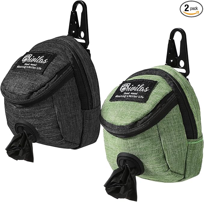Talltalk 2 Pieces Dog Treat Pouch Pet Dog Poop Holder Dispenser Outdoor Carrier Waste Zipper Pouch with Metal Button for Most Leash (Green, Black)