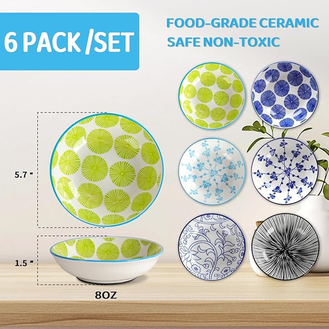 Ceramic Cat Food Bowls, 6 Pack 5.7-in Non-Slip Cat Dishes for Food, Water | Food-Safe Ceramic, Shallow Whisker-Friendly Plates For Wet Meals, Kibble, Multi-Cat Homes, Dishwasher And Microwave Safe
