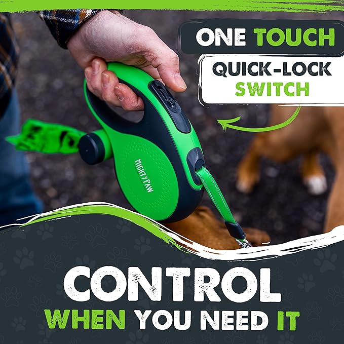 Mighty Paw 16' Retractable Dog Leash with Poop Bag Holder, Large Pets | Quick-Lock Brake, 360° Tangle-Free Swivel Clip, Reflective Nylon Tape, Stainless Steel Coil, U-Shaped Guide, Bulk Value