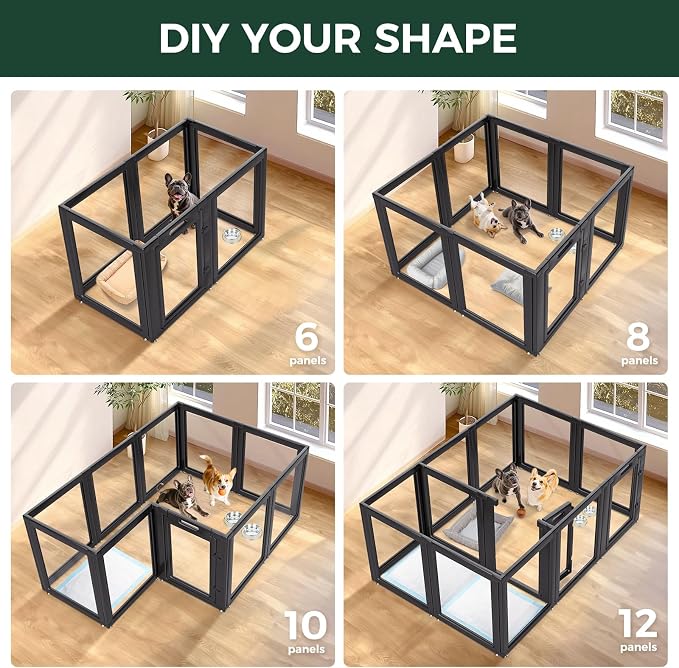 FXW AuraSpace Clear Acrylic Indoor Dog Playpen, 30" H, 10 Panels, Black | Open View, Modern Home Fit, No Climbing Bars, Tool-Free Setup, For Small & Medium Dogs