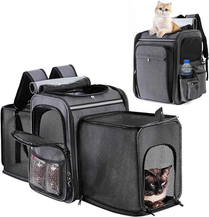 Cat Backpack Carrier,Double Side Expandable Cat Carrier Backpack,Dog Carrier Backpack for Medium Cats and Small Dogs,Puppies Up to 20 Lbs,Pets Carrier Backpack with Breathable Mesh(Grey)