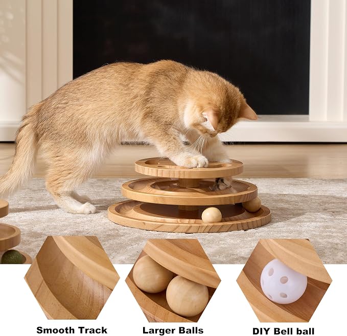 ZOMISIA Cat Ball Track Toy with Puzzle Top, Extra Large Wooden Cat Toys | Interactive Indoor Cats Spinning Balls, Cat Ball Tower for Kitten Exercise Mental Stimulation Self Play Home Enrichment