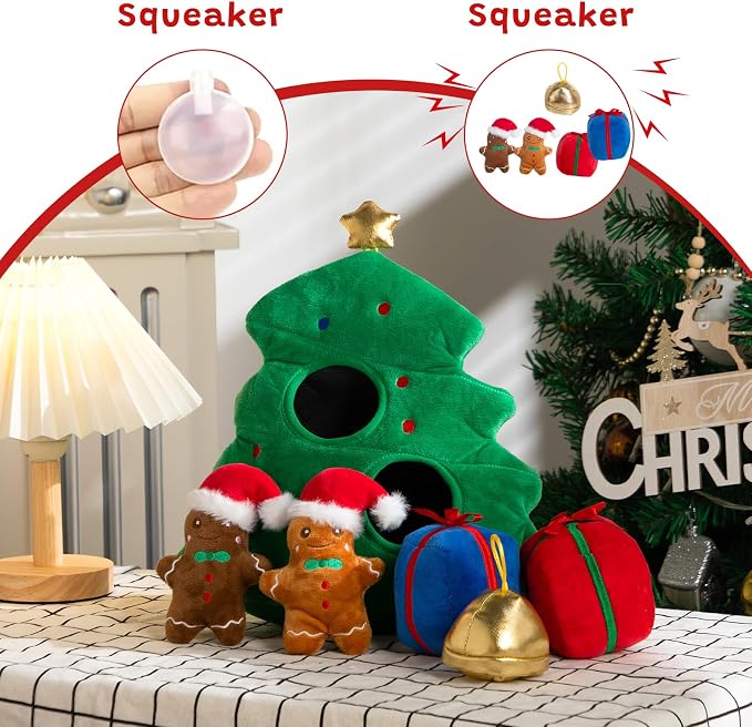 Hollypet Christmas Squeaky Hide and Seek Dog Toys for Small and Medium | Interactive Plush Stuffed Dog Squeak Toys for Small Medium Sized Dogs and Non-Aggressive Chewers, Puppy Teeth Clean Chew Toys