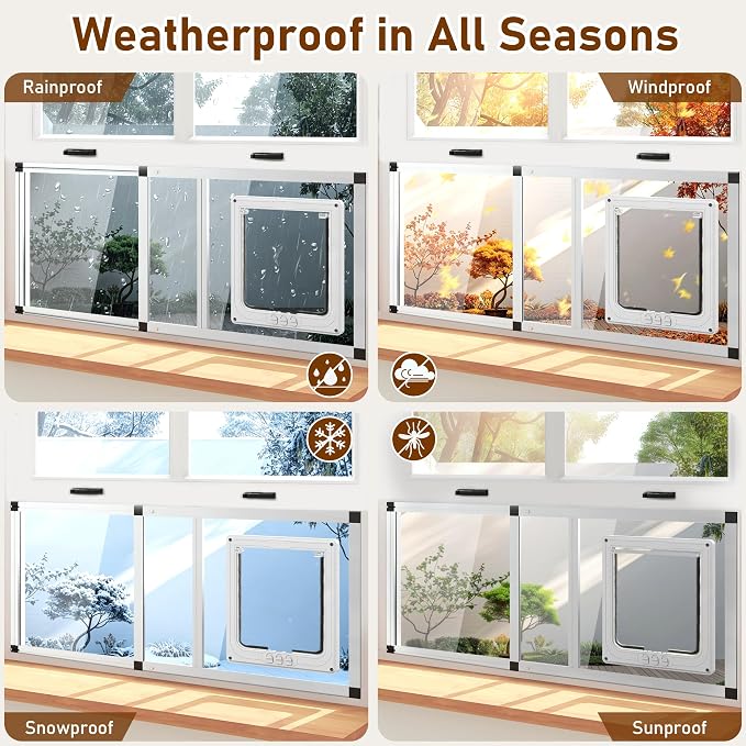 Full Glass Cat Door for Window,28.5"-32" Adjustable Width,1-Min Install | 4 Locking Modes,Aluminum Frame,HD Glass,Magnetic Closure,Weatherproof Sliding Pet Door Window Insert for Cats