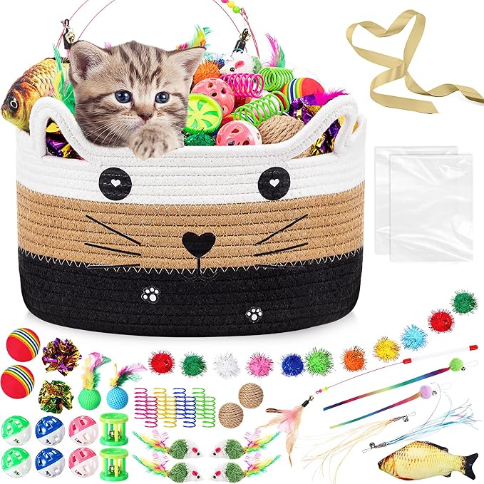 Zopeal 76 Pcs Cat Storage Basket Gift Toys Set Interactive Cat Toys Kitten Wand Colorful Flashing Balls Pet Crinkle Balls Attract Kitten to Swat, Hunt for Pet Indoor(White,Coffee,Black)
